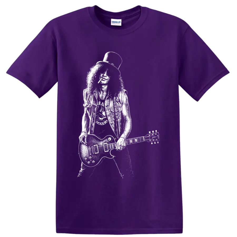White Slash guitarist portrait with top hat, sunglasses, and guitar graphic on a T shirt on a Purple T Shirt