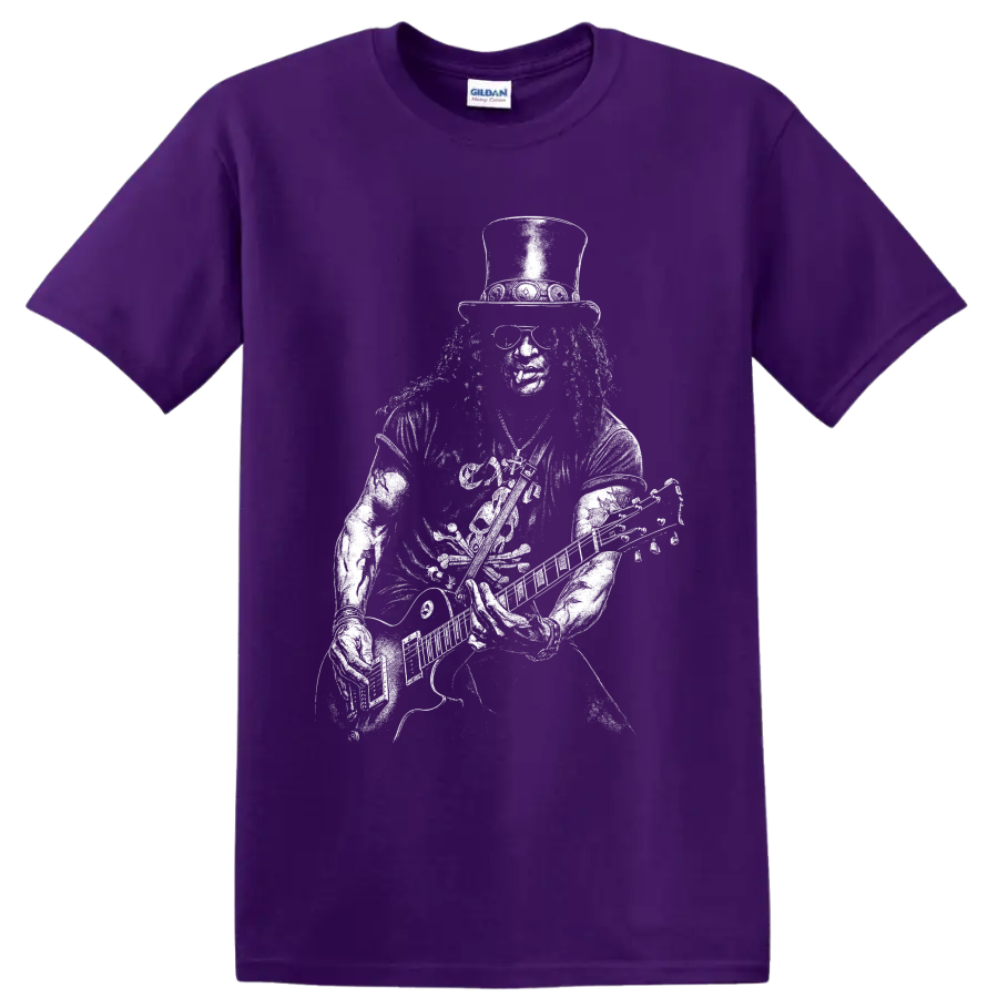 Black-and-white Slash guitarist portrait graphic with top hat and sunglasses on a Purple T Shirt