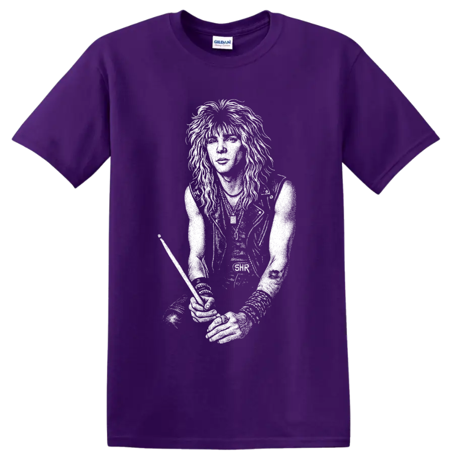 Black-and-white graphic portrait of Duff McKagan with long hair in a bold rock illustration style on a Purple T Shirt
