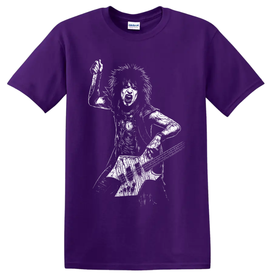 White graphic silhouette of Nikki Sixx playing bass guitar on a rock musician T shirt on a Purple T Shirt