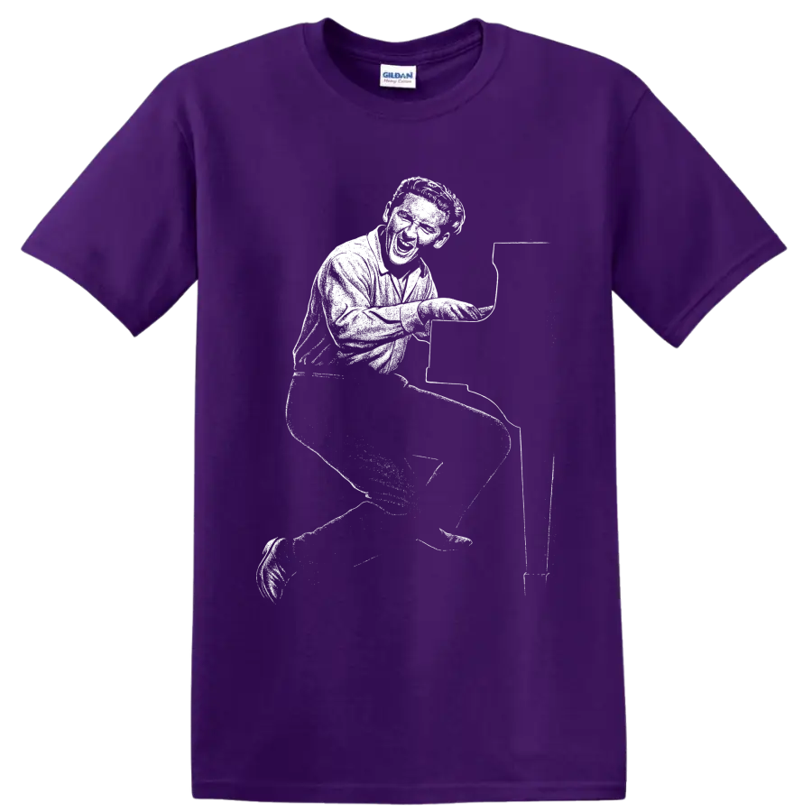 Jerry Lee Lewis-style monochrome graphic of a rock and roll pianist performing at a piano on a T shirt on a Purple T Shirt