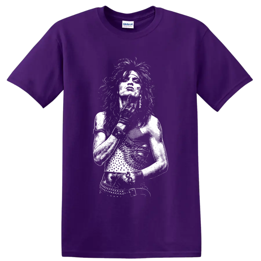 High-contrast white Tommy Lee portrait in a bold monochrome rock graphic style on a Purple T Shirt