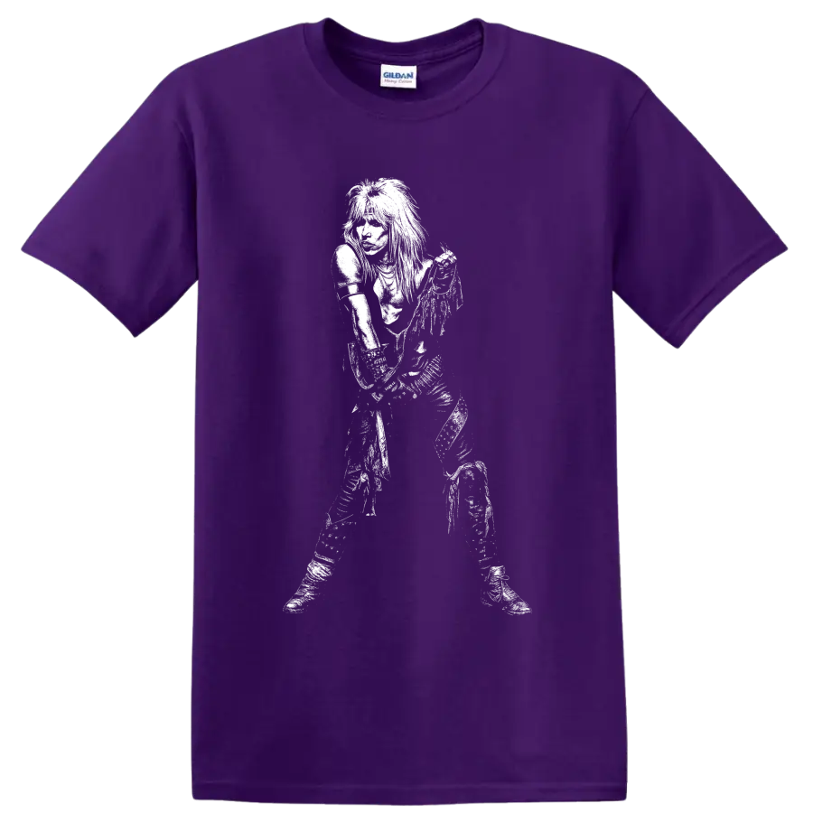 High-contrast black-and-white portrait of Vince Neil of Mötley Crüe on a Purple T Shirt