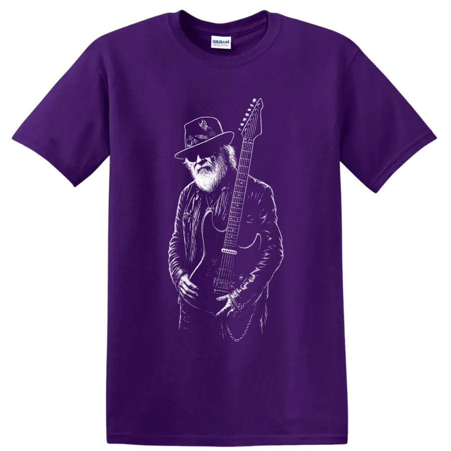 Billy Gibbons with electric guitar in bold monochrome rock portrait illustration on a Purple T Shirt