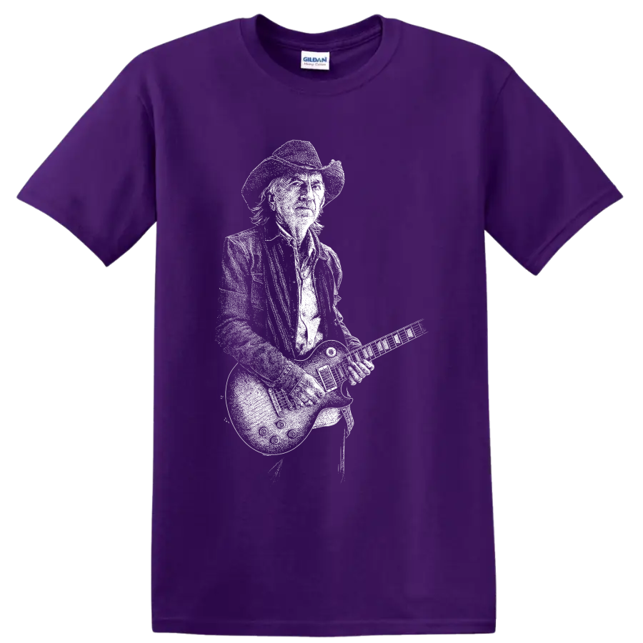 White silhouette of Stevie Ray Vaughan in hat playing guitar on a Purple T Shirt