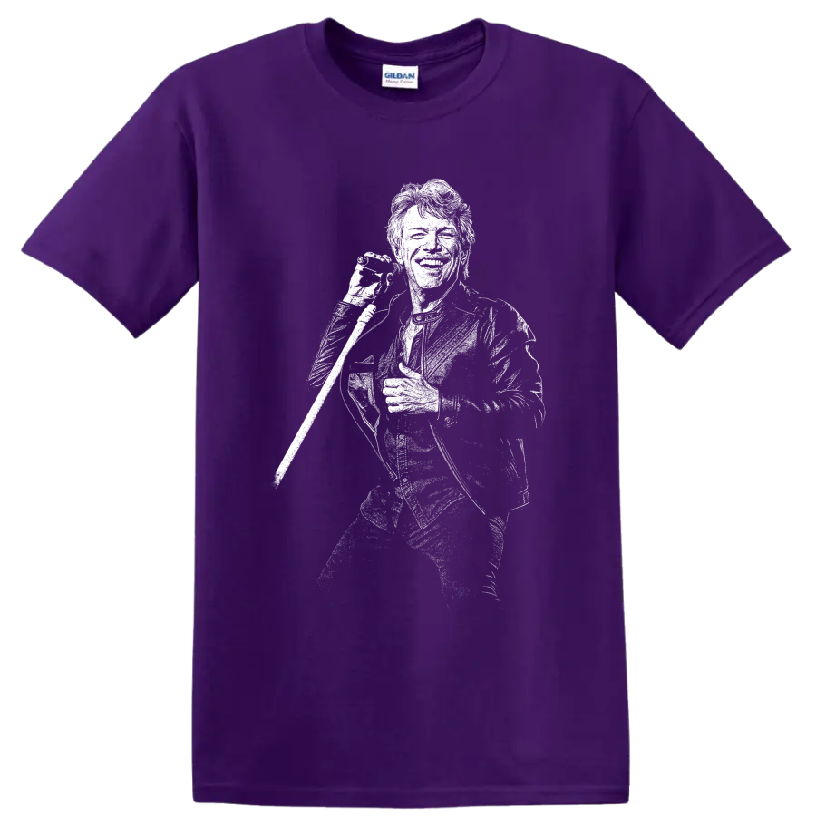 High-contrast Mick Jagger microphone portrait in black-and-white rock art on a Purple T Shirt