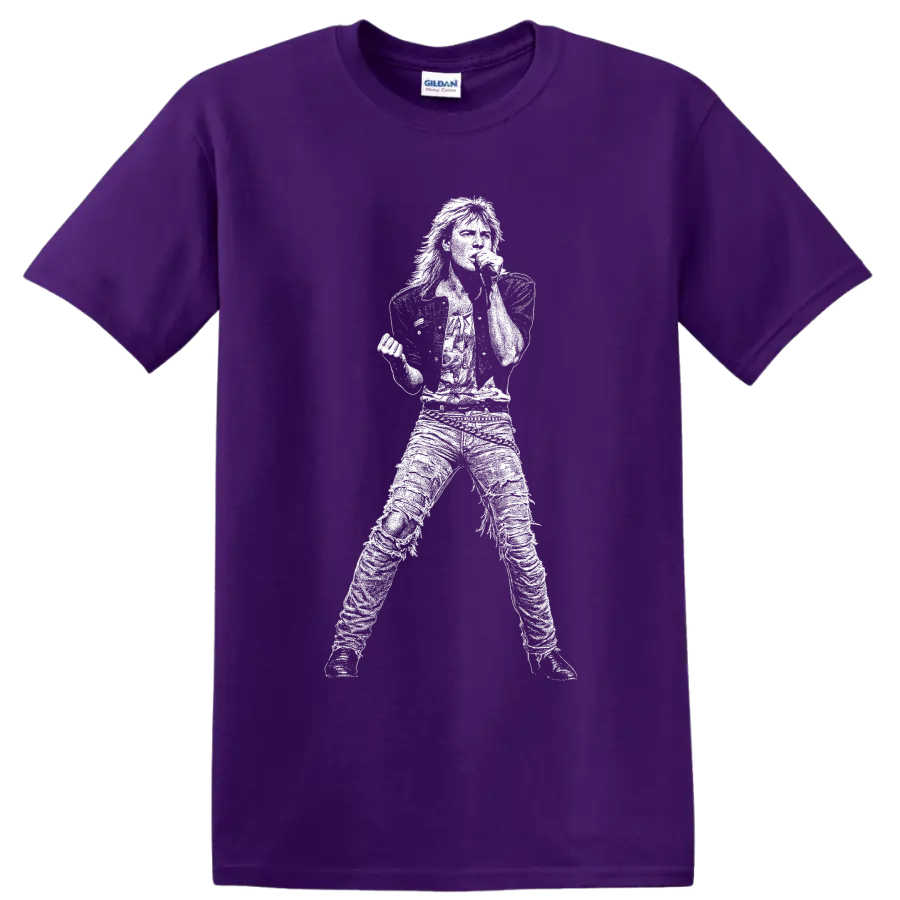 Joe Elliott Def Leppard singer silhouette holding microphone in bold graphic style on a Purple T Shirt