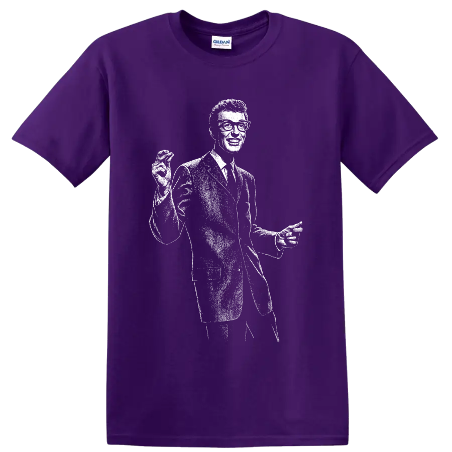 Buddy Holly guitarist silhouette in bold black-and-white rock and roll graphic style on a Purple T Shirt