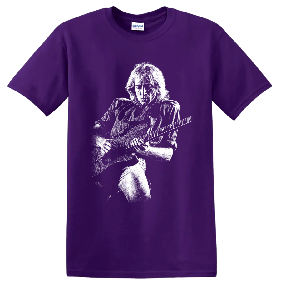 Glenn Tipton of Judas Priest playing guitar in a bold monochrome portrait design on a Purple T Shirt