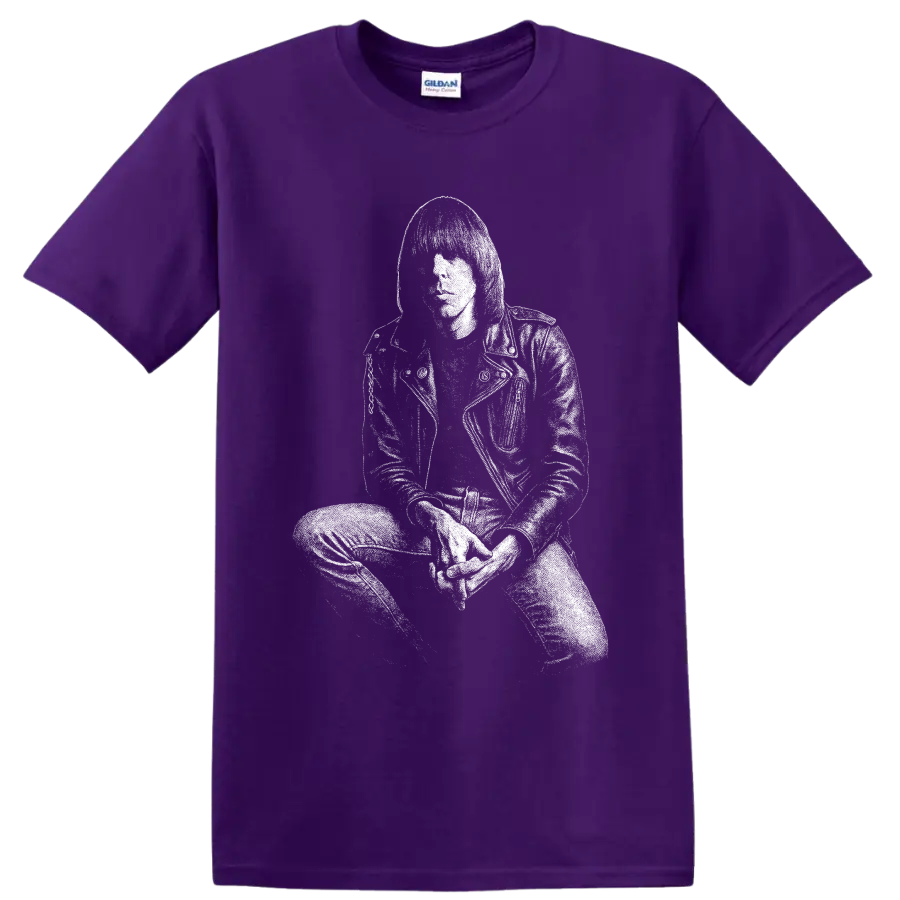 White stencil-style Joey Ramone portrait in sunglasses and leather jacket on a Purple T Shirt