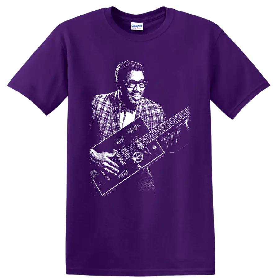 Bo Diddley black-and-white portrait with square guitar in vintage performance style on a Purple T Shirt