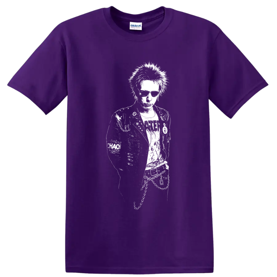 Johnny Rotten Sex Pistols punk rock music graphic on a Purple T Shirt