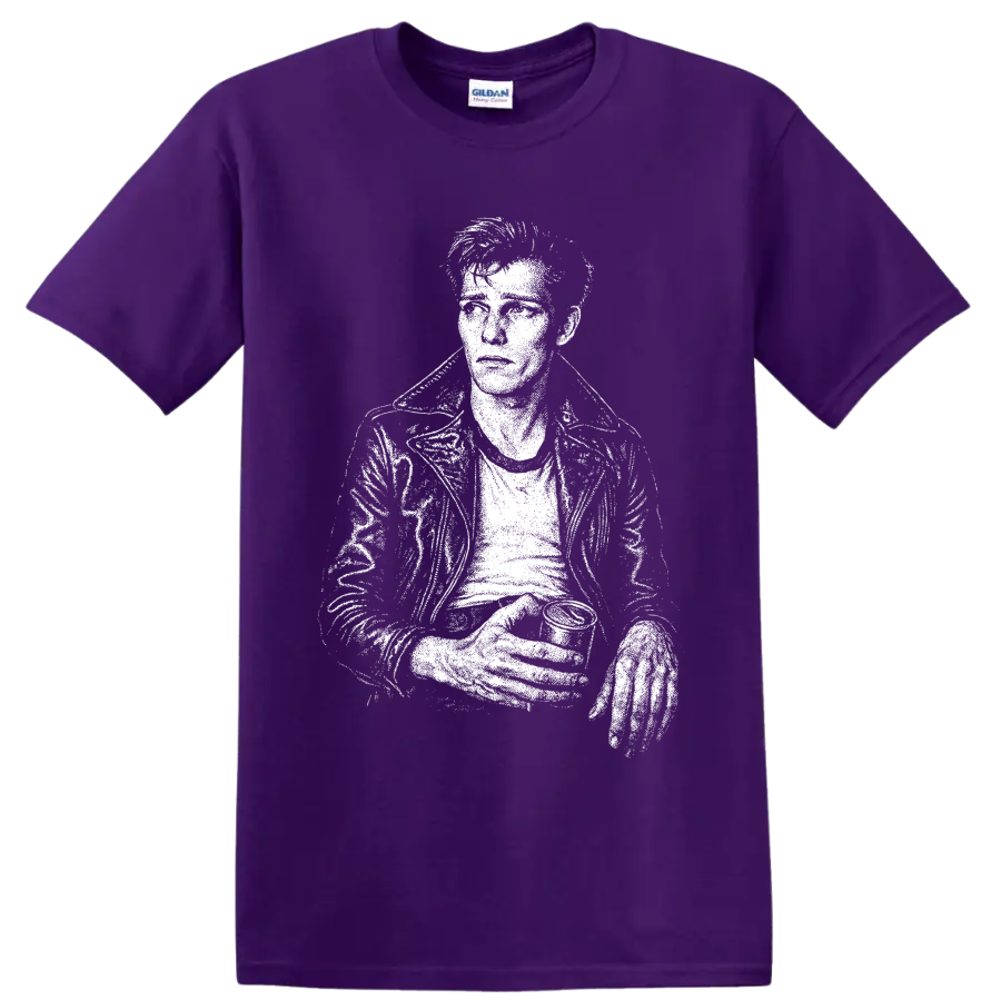 Paul Simonon of The Clash holding bass in a high-contrast pixelated portrait on a Purple T Shirt