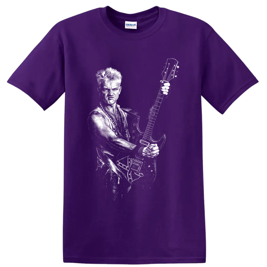 Billy Idol raised fist and microphone punk rock concert portrait graphic on a Purple T Shirt
