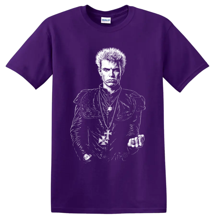 High-contrast Billy Idol portrait in a bold punk rock illustration style on a Purple T Shirt