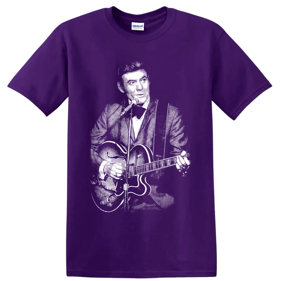 Monochrome Carl Perkins guitarist portrait in vintage rockabilly illustration style on a Purple T Shirt