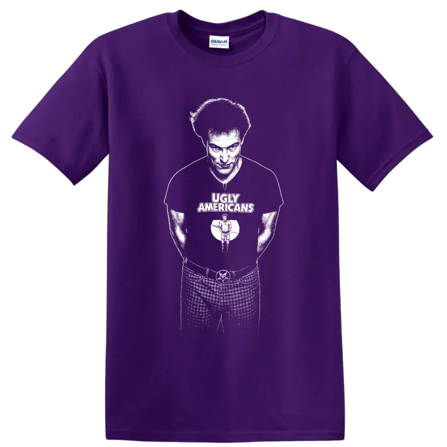 Bob Schneider Ugly Americans guitarist silhouette in bold monochrome graphic style on a Purple T Shirt