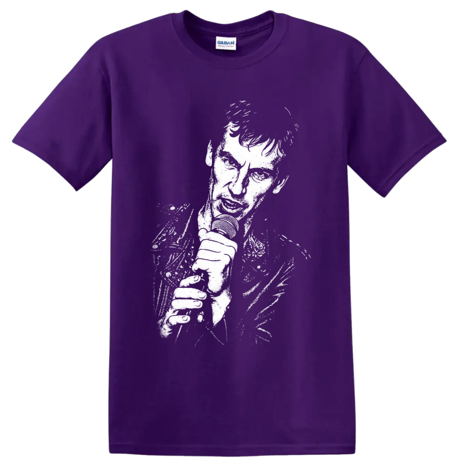 High-contrast Ian McCulloch guitar portrait in distressed post-punk style on a Purple T Shirt