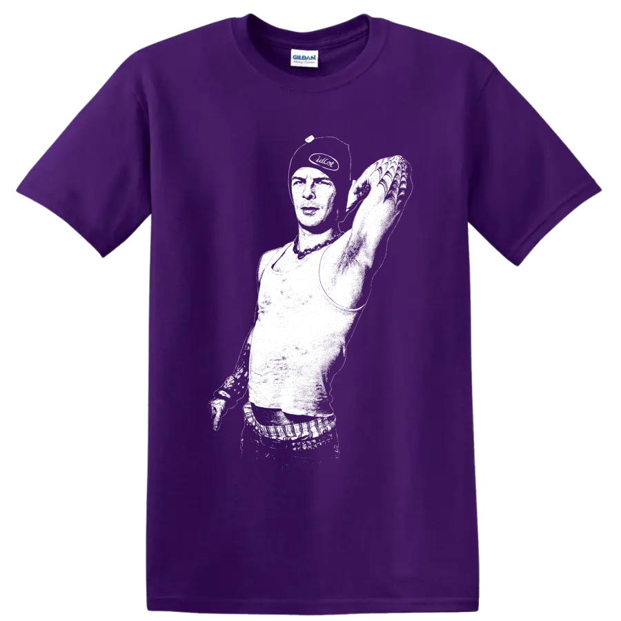 Anthony Kiedis white silhouette singer portrait with microphone and cap on a Purple T Shirt