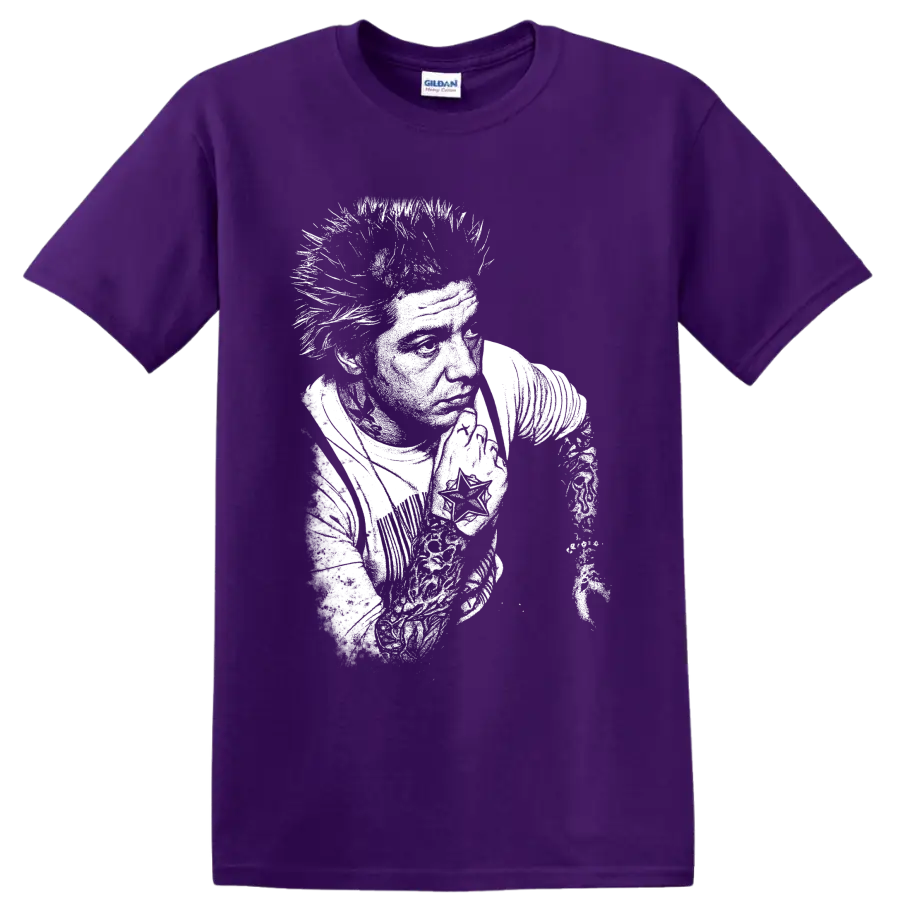 High-contrast Mitch Lucker portrait in a stark black-and-white deathcore graphic style on a Purple T Shirt