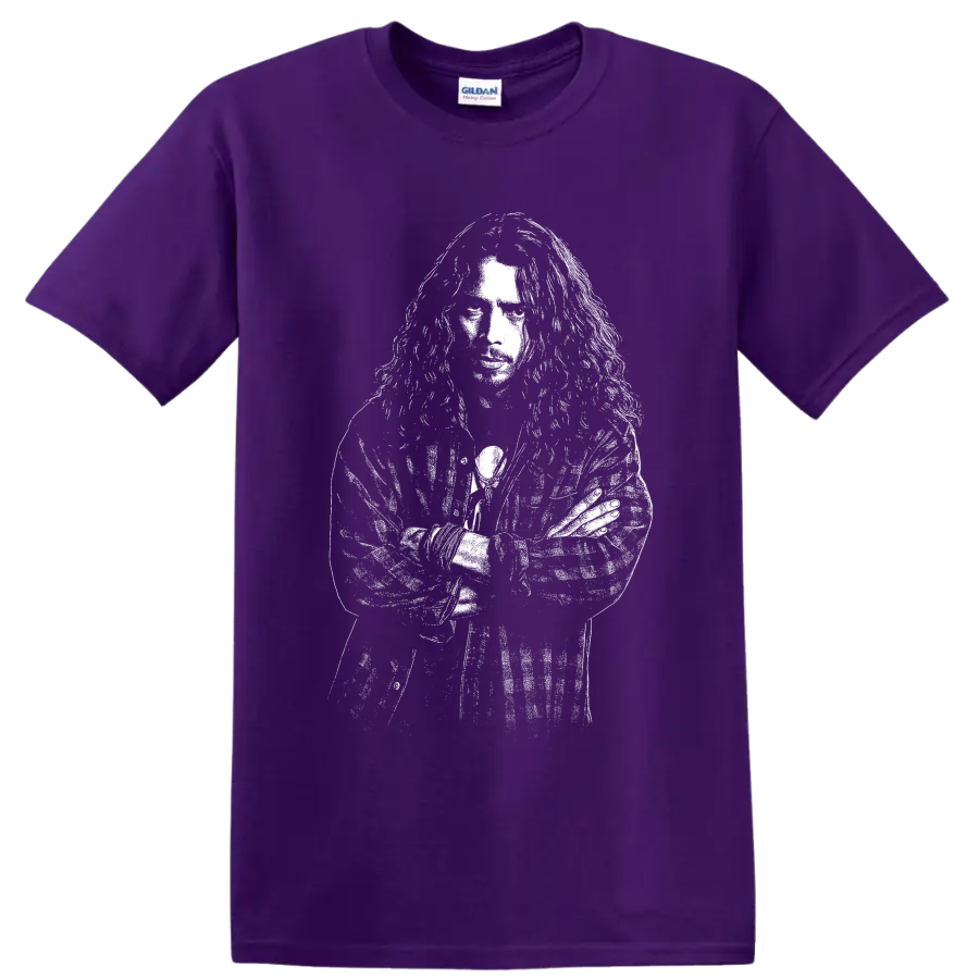 High-contrast Chris Cornell portrait in distressed grunge rock illustration style on a Purple T Shirt