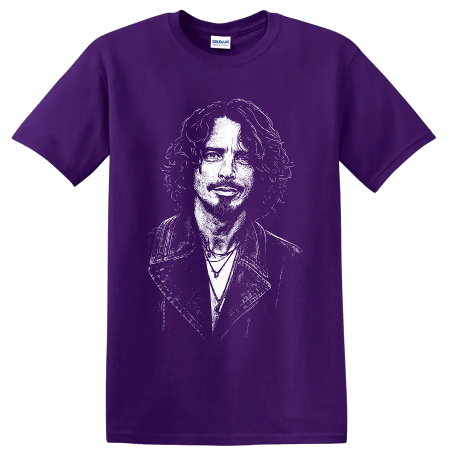 High-contrast Chris Cornell portrait in a bold monochrome grunge rock style on a Purple T Shirt