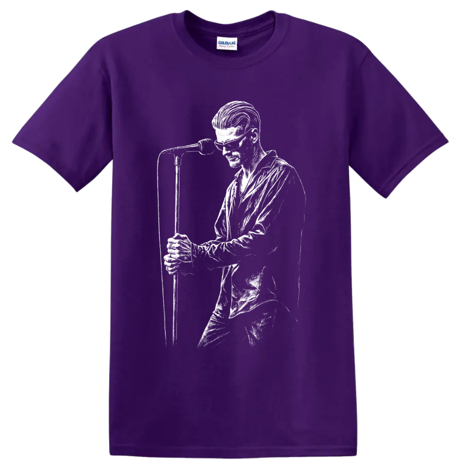 High-contrast Layne Staley Alice in Chains performance portrait in white graphic art on a Purple T Shirt