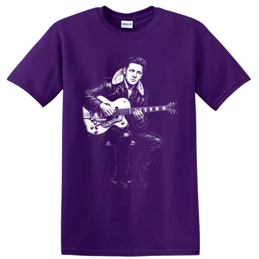 Eddie Cochran playing electric guitar in bold high-contrast rockabilly performance art on a Purple T Shirt