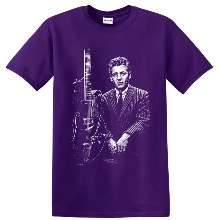 Eddie Cochran holding guitar in high-contrast vintage rockabilly performance portrait on a Purple T Shirt
