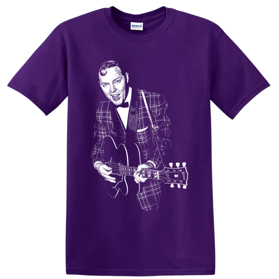 High-contrast vintage-style Bill Haley portrait with guitar on a Purple T Shirt