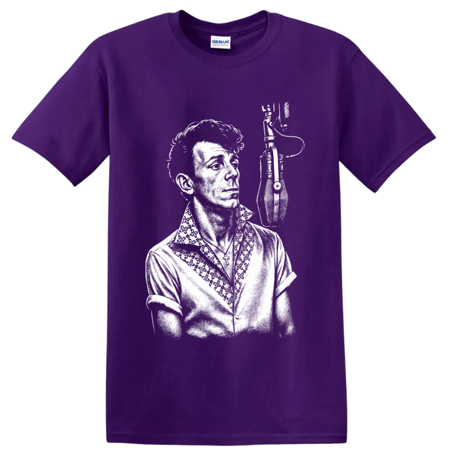 High-contrast Gene Vincent portrait in a bold vintage rockabilly style on a Purple T Shirt