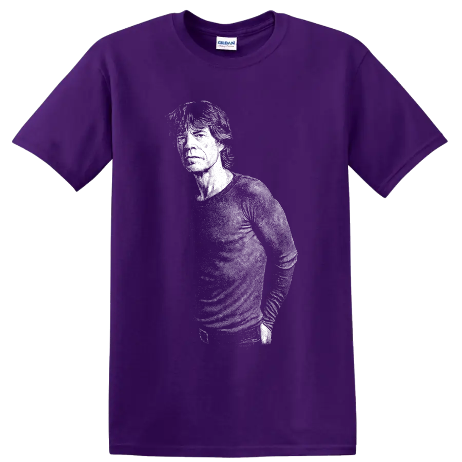 Mick Jagger black-and-white silhouette portrait in bold rock graphic style on a Purple T Shirt
