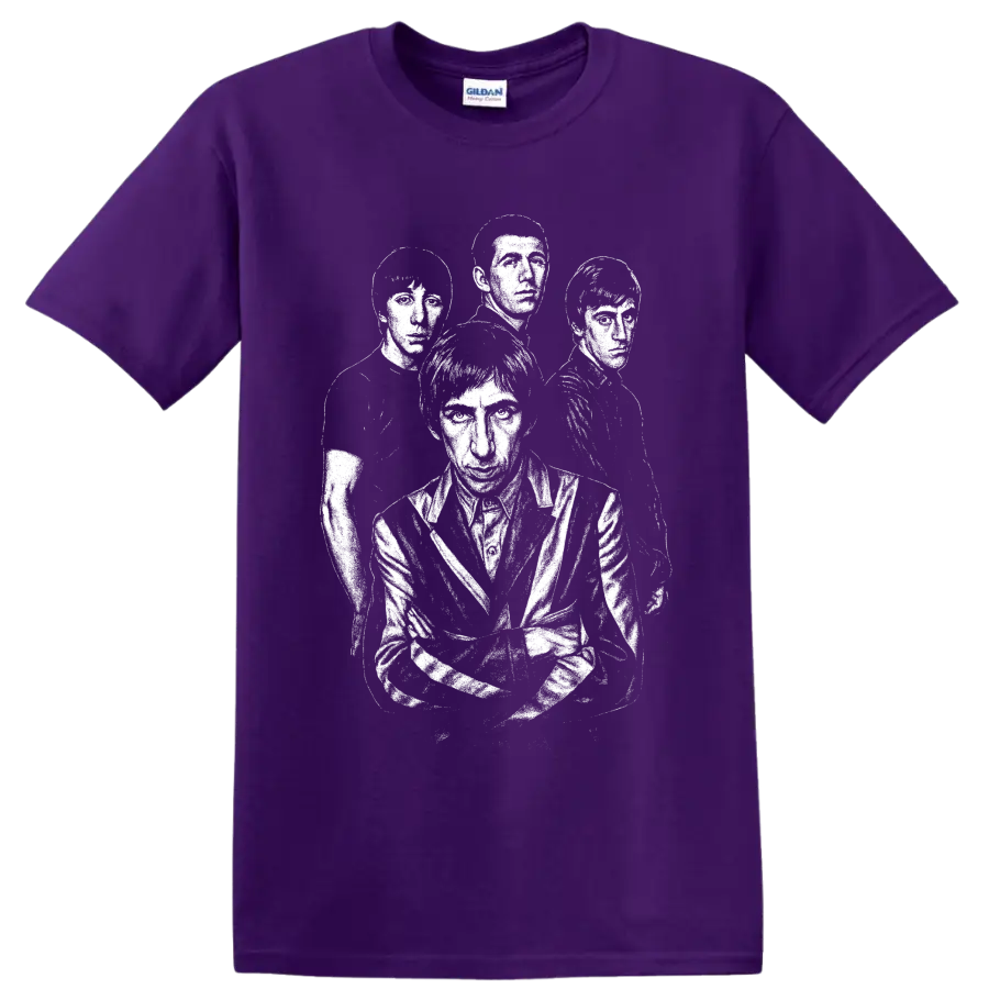 High-contrast four-member portrait of The Who in vintage British rock style on a Purple T Shirt