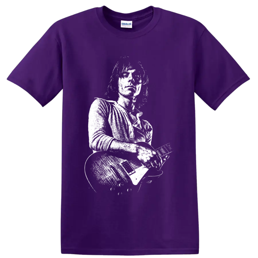 High-contrast Jeff Beck guitarist portrait with electric guitar in stencil-style art on a Purple T Shirt