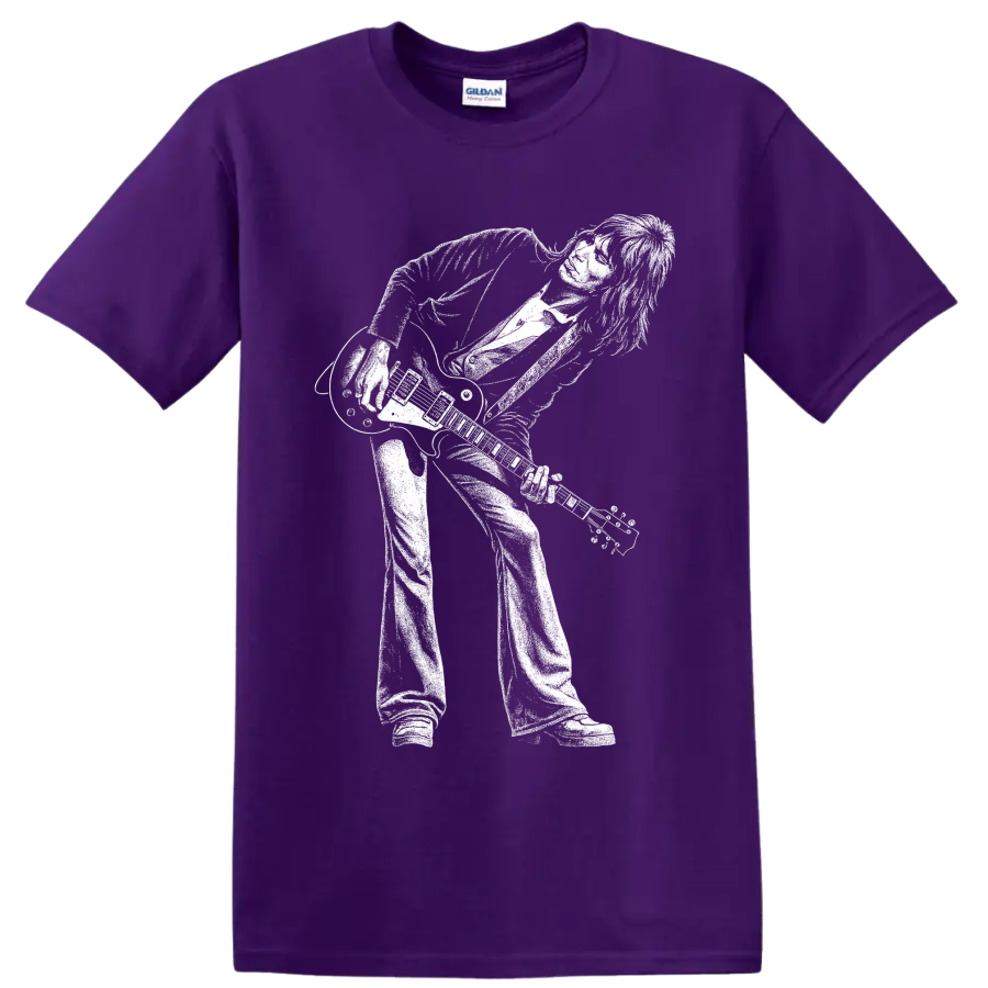 High-contrast Jimmy Page guitarist stage performance portrait graphic on a Purple T Shirt