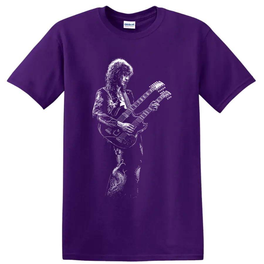 White Jimmy Page guitarist silhouette playing electric guitar in minimalist rock style on a Purple T Shirt