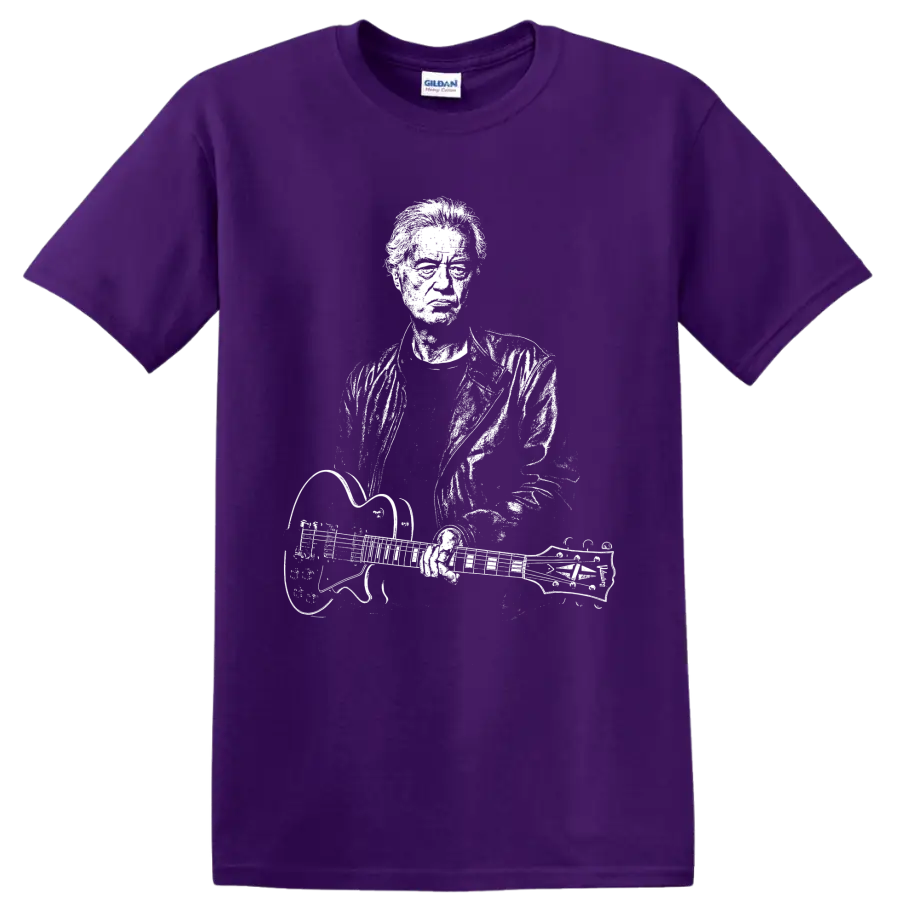 Jimmy Page Led Zeppelin guitarist with double-neck guitar silhouette graphic on a Purple T Shirt