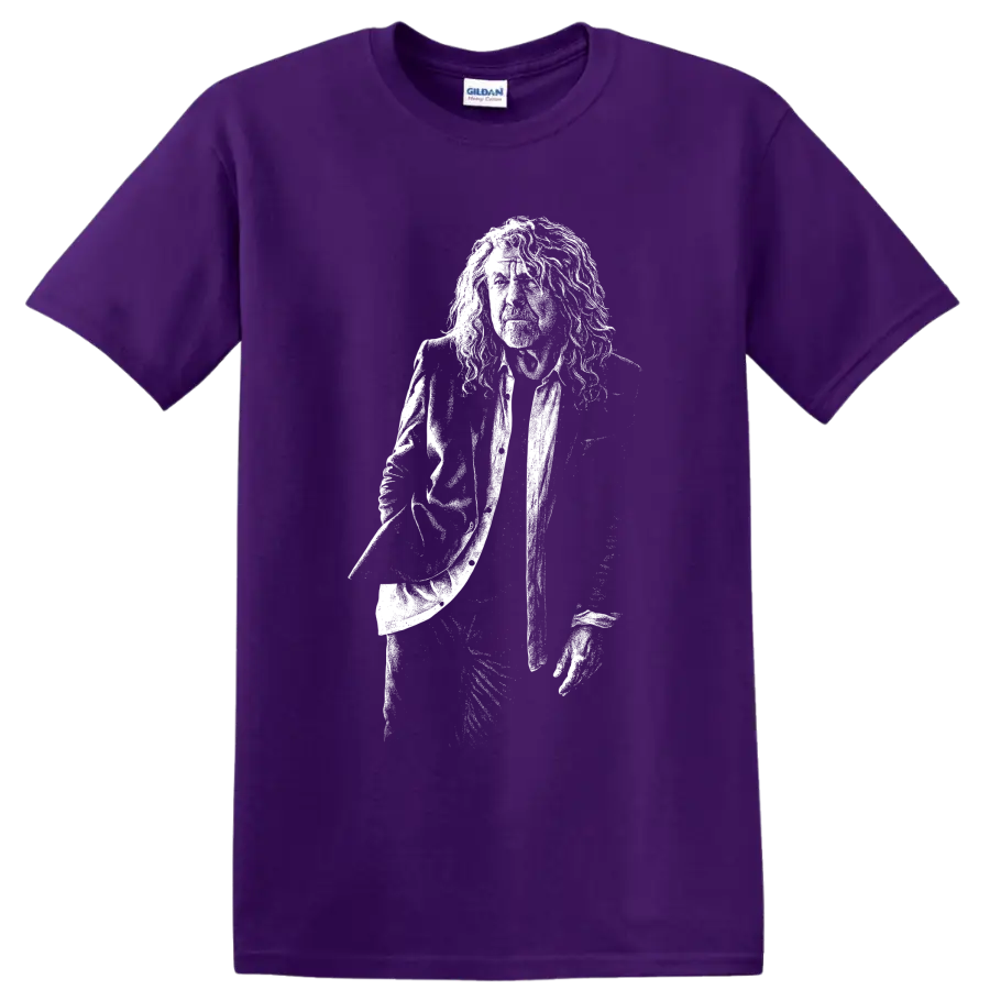 Monochrome Robert Plant holding microphone portrait in vintage rock illustration style on a Purple T Shirt