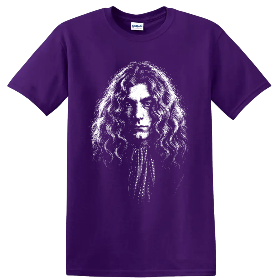 High-contrast black-and-white Robert Plant Led Zeppelin singer portrait on a Purple T Shirt