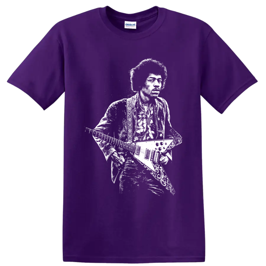 Jimi Hendrix guitarist portrait with guitar in high-contrast retro rock style on a Purple T Shirt