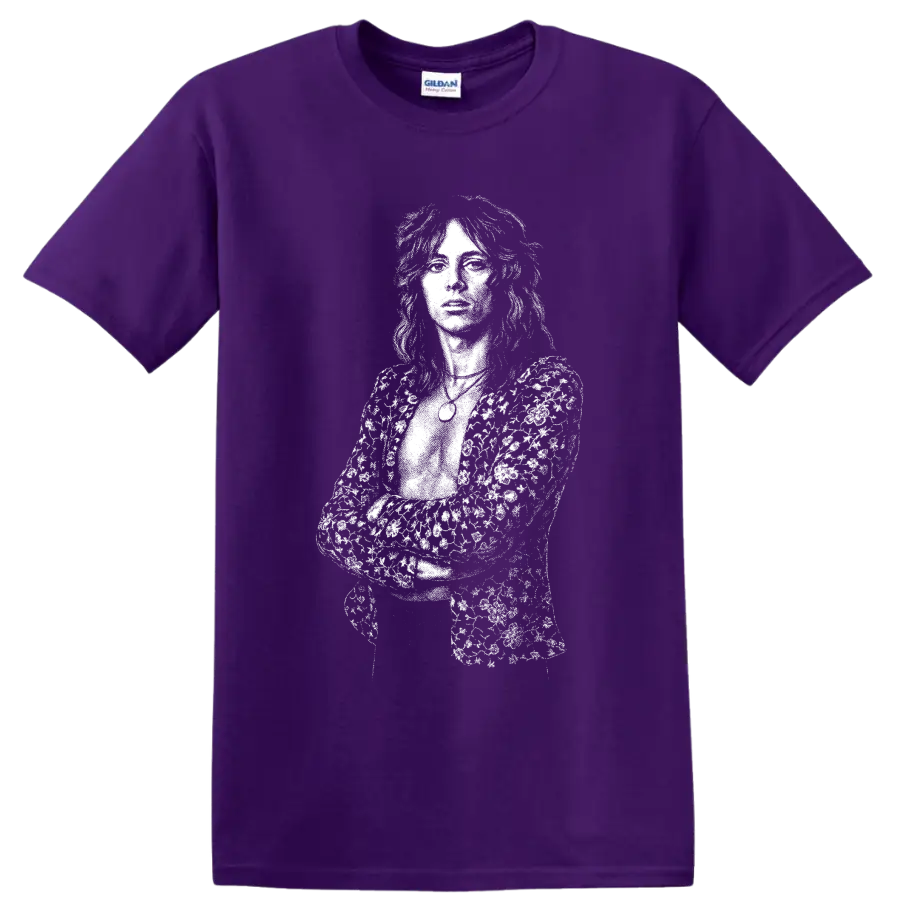 High-contrast Roger Taylor of Queen drummer portrait in monochrome rock art style on a Purple T Shirt