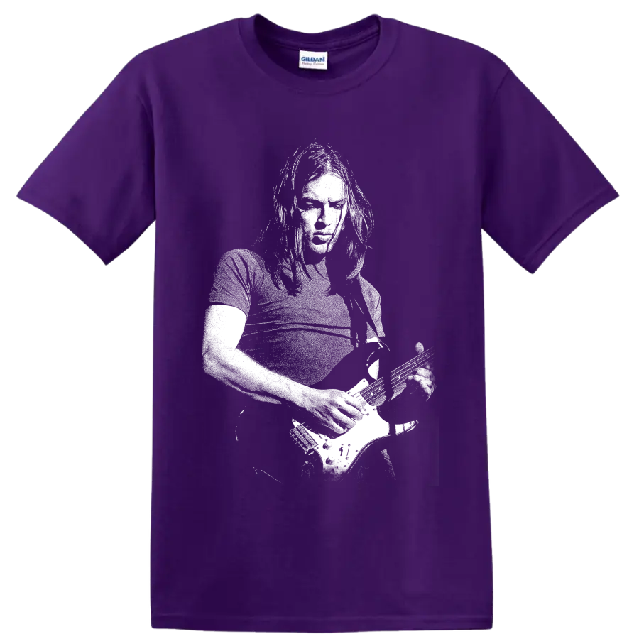 High-contrast David Gilmour portrait graphic inspired by Pink Floyd on a Purple T Shirt