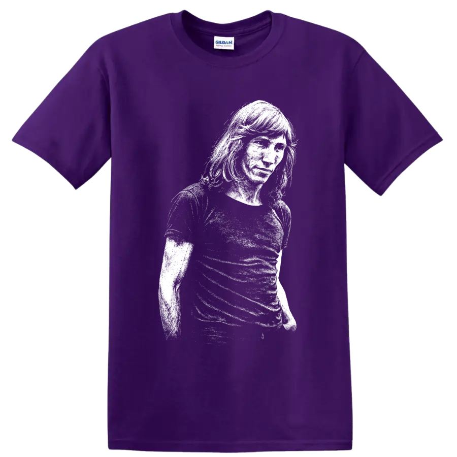High-contrast Roger Waters Pink Floyd portrait with bass in vintage rock style on a Purple T Shirt