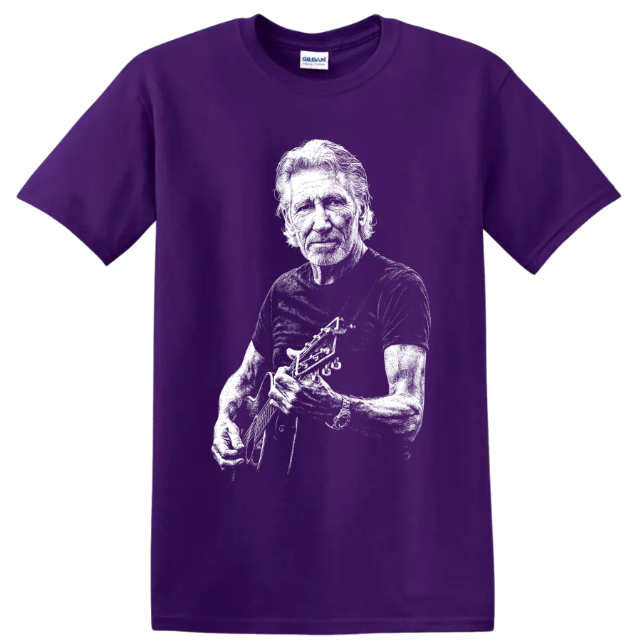 Monochrome Roger Waters Pink Floyd musician portrait holding an instrument on a Purple T Shirt