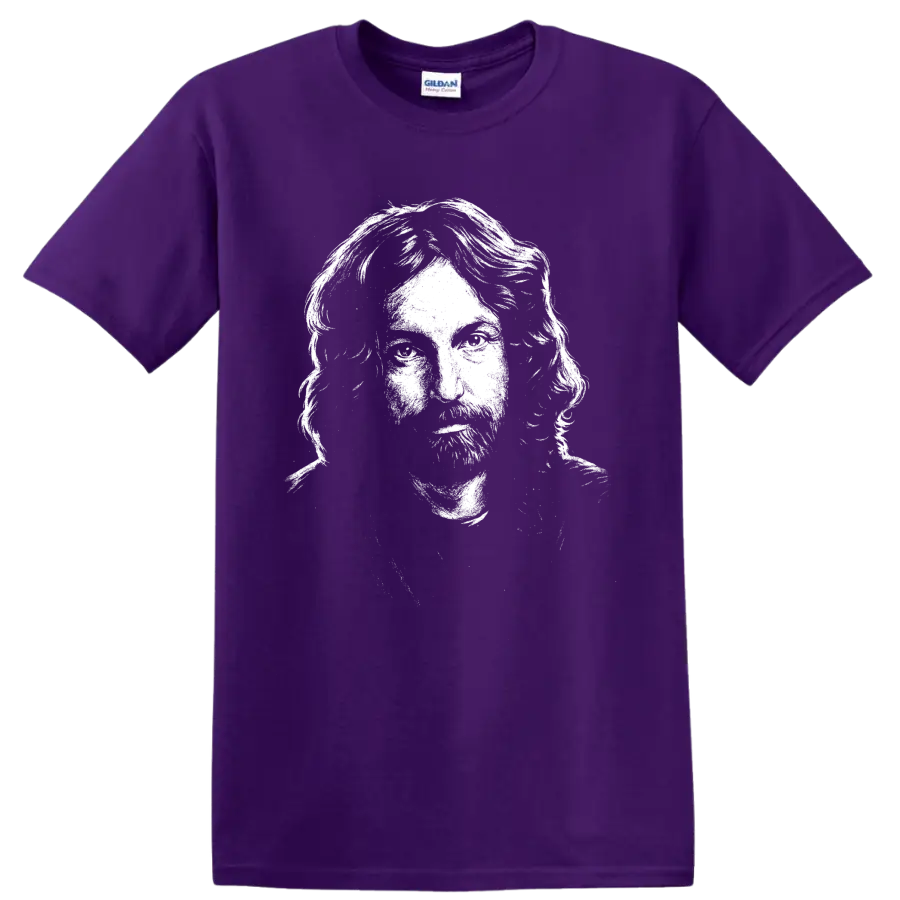 High-contrast Nick Mason portrait in bold monochrome classic rock graphic style on a Purple T Shirt