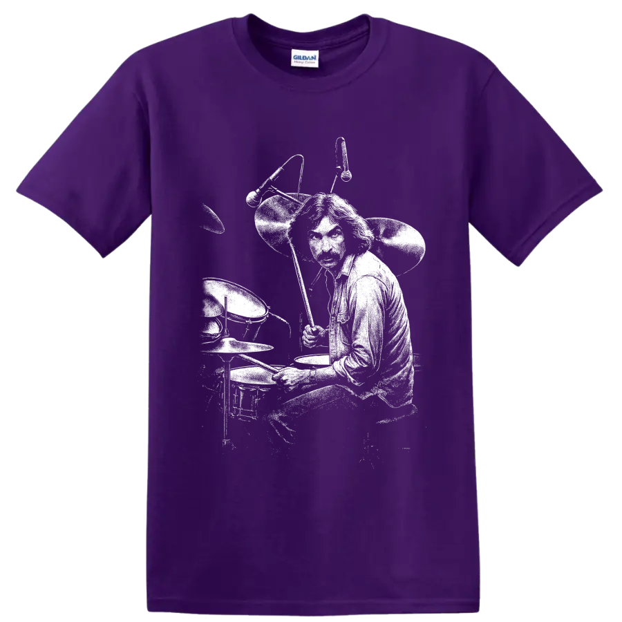 High-contrast Nick Mason Pink Floyd drummer illustration behind a full drum kit on a Purple T Shirt