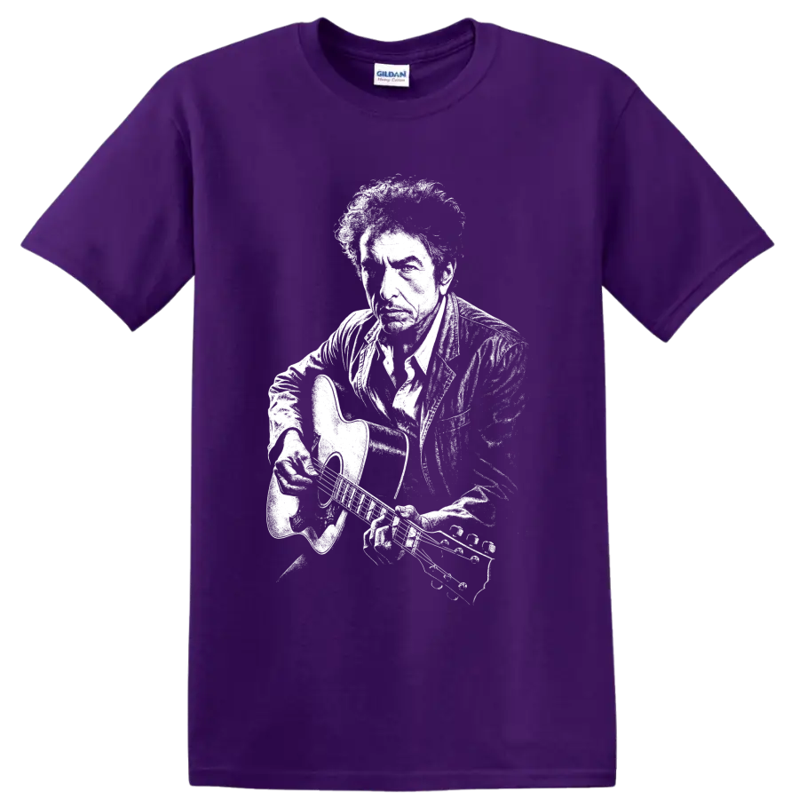 Bob Dylan guitar portrait in bold high-contrast monochrome graphic style on a Purple T Shirt