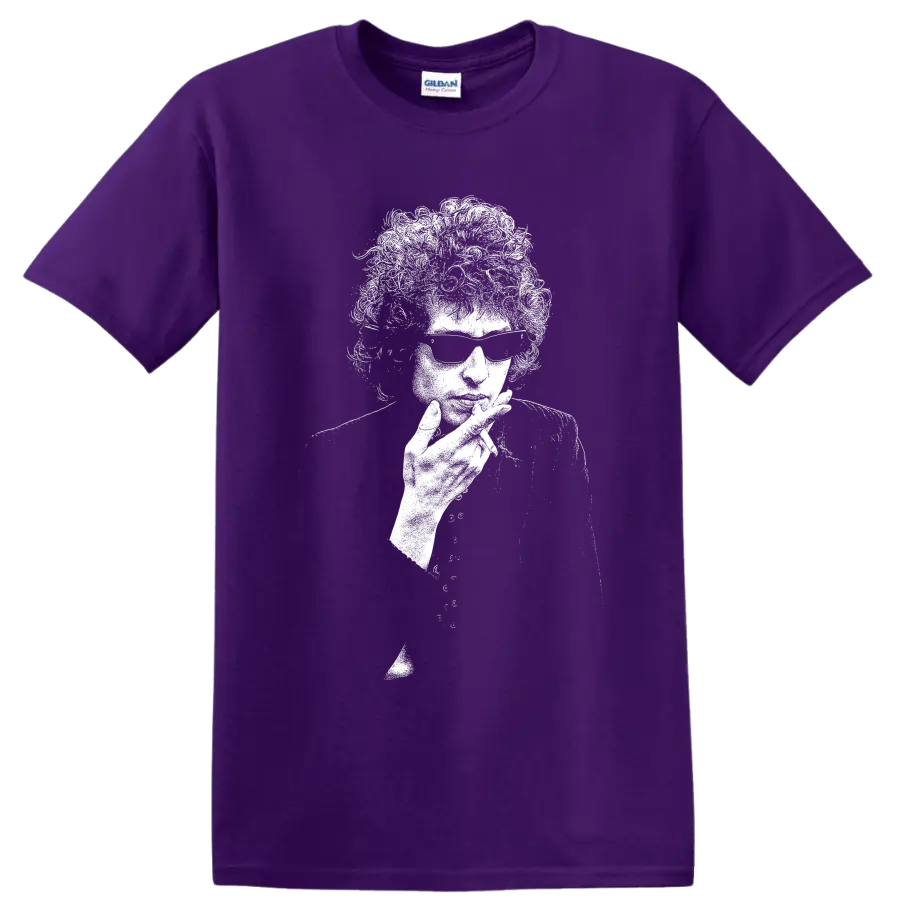 High-contrast Bob Dylan portrait in a bold black-and-white graphic style on a Purple T Shirt