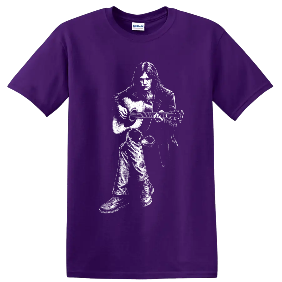 High-contrast white Neil Young guitarist silhouette in a bold classic rock style on a Purple T Shirt