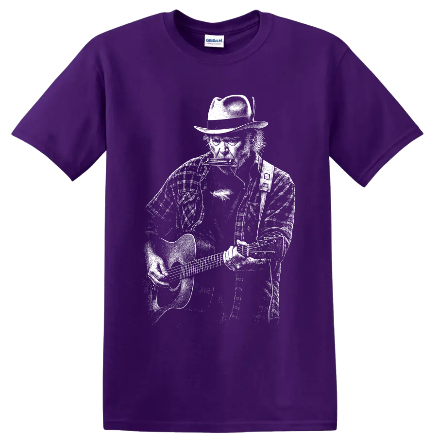 Neil Young guitarist portrait in bold black-and-white ink illustration style on a Purple T Shirt